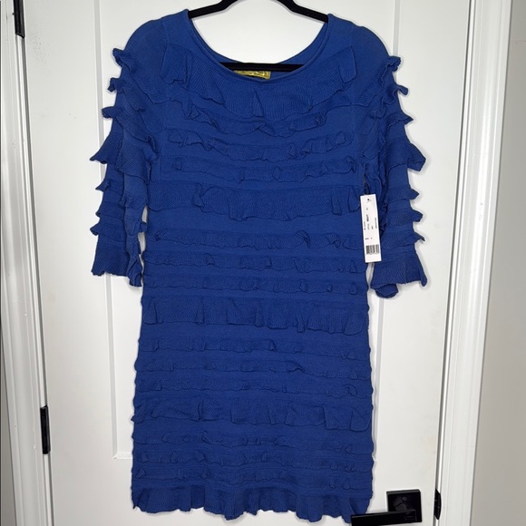 Nicole Miller 100% Cotton Blue Ruffled Women's Dress - Small